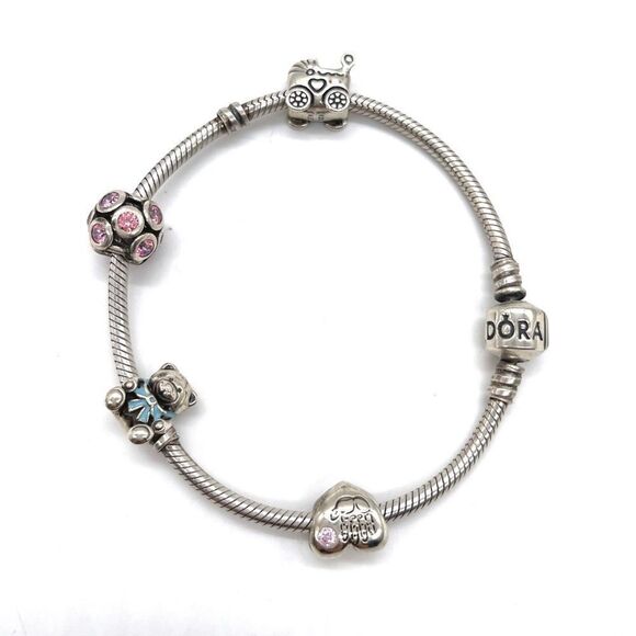 Pandora Charm Bracelet with 4 charms Babycarriage HeartTeddyBear/Pink Ball - Picture 1 of 3